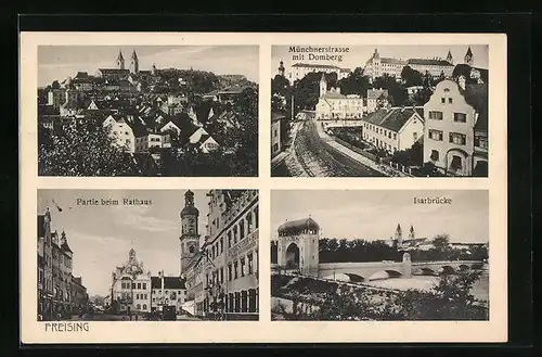 AK Freising, Ortsansicht, Partie beim Rathaus, Isarbrücke