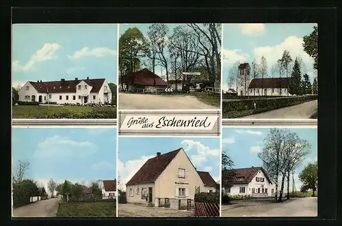 AK Eschenried, Lebensmittelgeschäft Obermeier, Gasthaus, Kirche