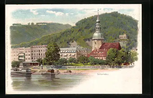 Lithographie Schandau, Wasserpartie mit Kirche