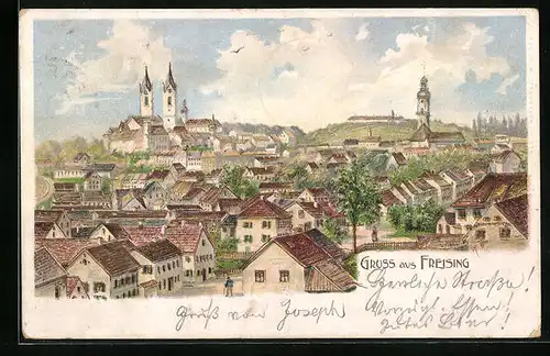 Lithographie Freising, Ortsansicht mit Kirchen