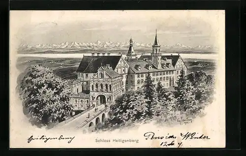 Künstler-AK Eugen Felle: Heiligenberg, Schloss Heiligenberg aus der Vogelschau