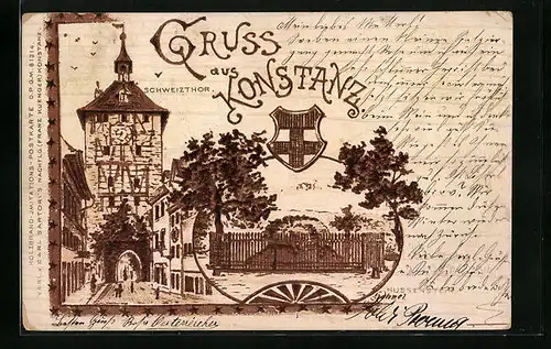Holzbrand-Imitations-AK Konstanz, Schweizthor, Hussenstein, Wappen