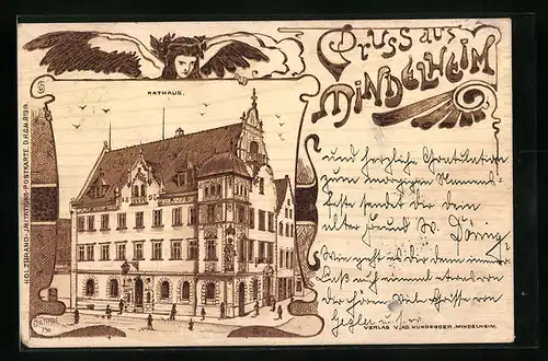Holzbrand-Imitations-AK Mindelheim, Rathaus aus der Vogelschau