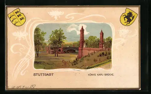 Passepartout-Lithographie Stuttgart, König Karl-Brücke, Wappen, Ornamente