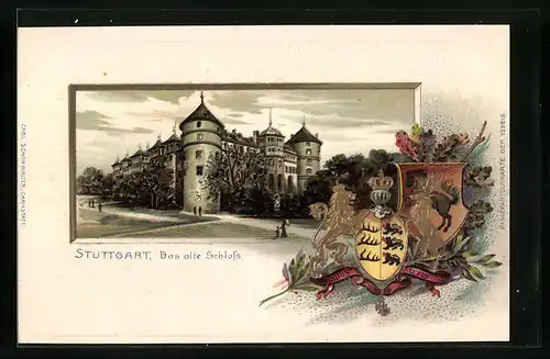 Passepartout-Lithographie Stuttgart, Das alte Schloss, Wappen, Eichenlaub