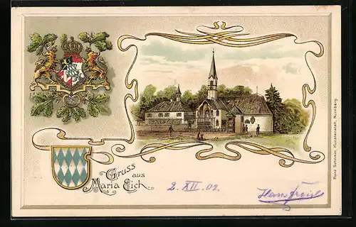 Passepartout-Lithographie Maria Eich, Kirche, Bayerisches Wappen mit Eichenlaub, Ornamente