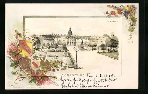 Passepartout-Lithographie Karlsruhe, Schloss, Wappen, Weintraube