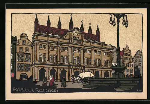 Steindruck-AK Rostock, Rathaus mit Planwagen und Passanten