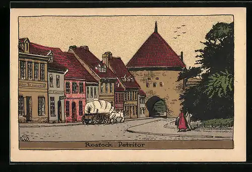 Steindruck-AK Rostock, Petritor mit angrenzenden Häusern