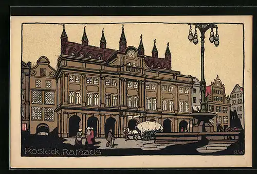 Steindruck-AK Rostock, Rathaus mit Brunnen