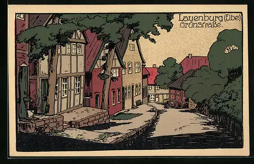 Steindruck-AK Lauenburg /Elbe, Partie an der Grünstrasse