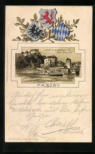 Passepartout-Lithographie Passau, Dampfer vor Ober & Niederhaus, Wappen