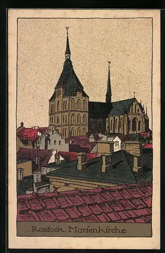 Steindruck-AK Rostock, Die Marienkirche