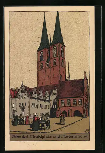 Steindruck-AK Stendal, Marktplatz mit Marienkirche