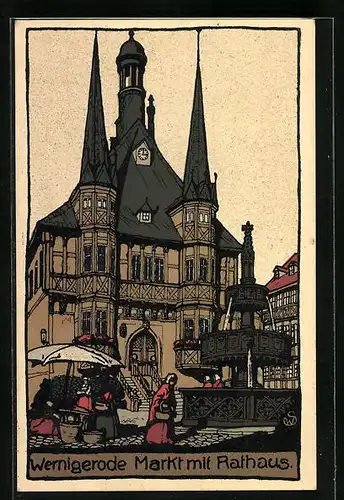 Steindruck-AK Wernigerode, Markt mit Rathaus