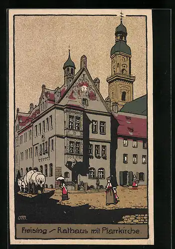 Steindruck-AK Freising, Rathaus mit Pfarrkirche