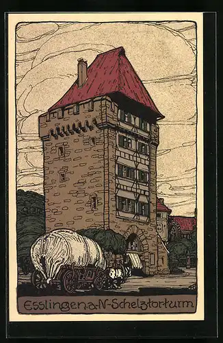 Steindruck-AK Esslingen a. N., Der Schelztorturm