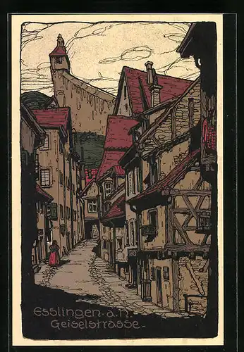 Steindruck-AK Esslingen a. N., Strassenpartie in derGeiselstrasse