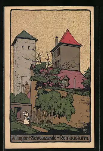 Steindruck-AK Villingen /Schwarzwald, Der Romäusturm