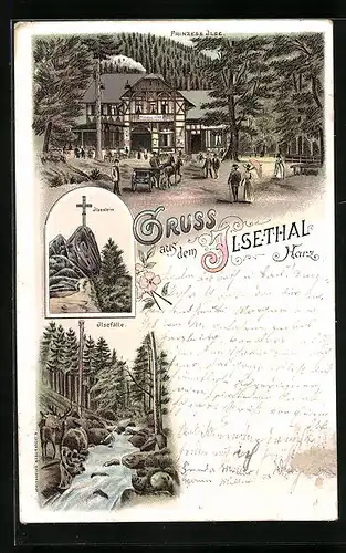 Lithographie Ilsenburg /Harz, Gasthof Prinzess Ilse, Ilsestein, Ilsefälle