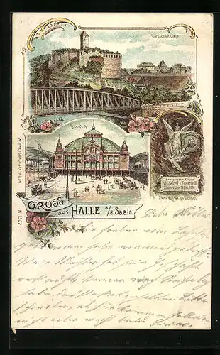 Lithographie Halle /Saale, Der Bahnhof, Giebichenstein