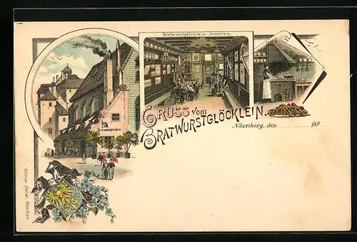 Lithographie Nürnberg, Gasthof Bratwurstglöcklein, Innen- und Aussenansicht
