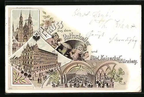 Lithographie Nürnberg, Hotel Kaiserhof und Gasthaus Rathskeller, St. Lorenz-Kirche