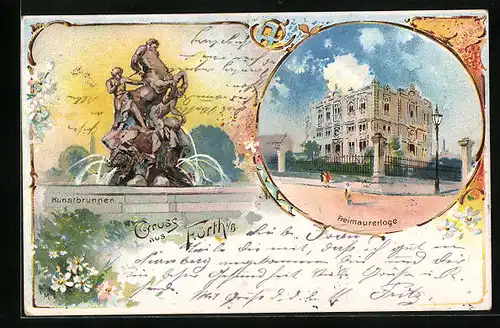 Lithographie Fürth i. B., Freimaurerloge, Kunstbrunnen