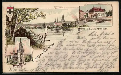 Vorläufer-Lithographie Konstanz, 1895, Münster, Konziliumsgebäude, Panorama