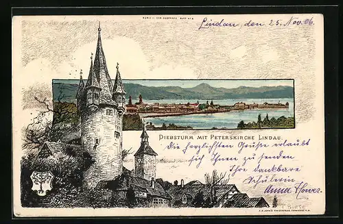 Künstler-Lithographie Carl Biese: Lindau, Diebsturm mit Peterskirche