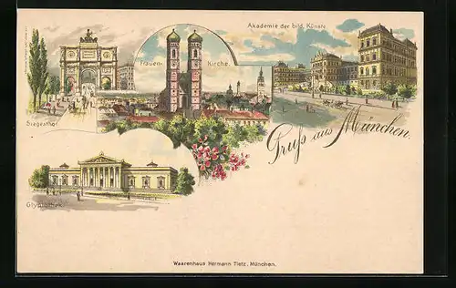 Lithographie München, Frauenkirche, Akademie der Künste