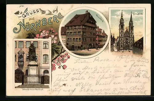 Lithographie Altdorf /Nürnberg, Albrecht Dürer Denkmal, Dürerhaus