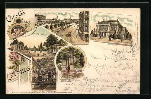 Lithographie Leipzig, Concerthaus, Königsplatz, Sebastian Bach's Denkmal