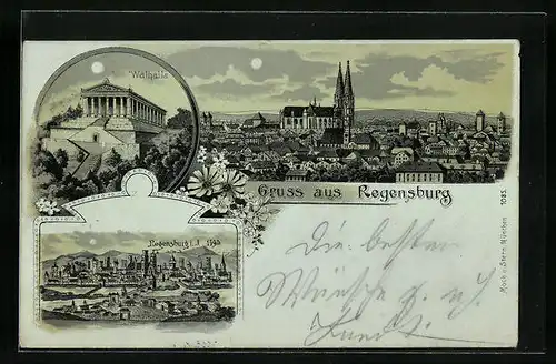 Mondschein-Lithographie Regensburg, Stadt mit dem Dom, Walhalla, Vollmond