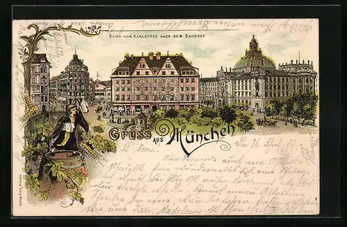 Lithographie München, Blick vom Karlsthor nach dem Bahnhof