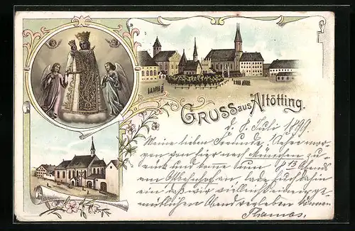 Lithographie Altötting, Kapellplatz mit Doppelturmkirche, Gnadenmutter