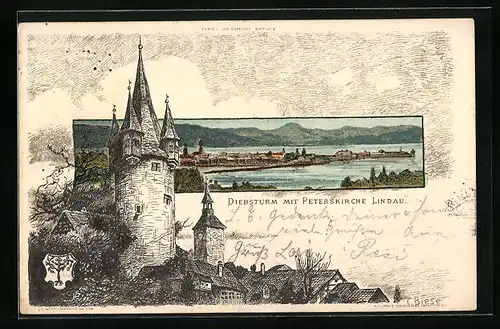 Künstler-AK Karl Mutter: Lindau, Diebsturm mit Peterskirche, Teilansicht