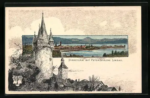 Künstler-AK Karl Mutter: Lindau, Diebsturm mit Peterskirche, Teilansicht