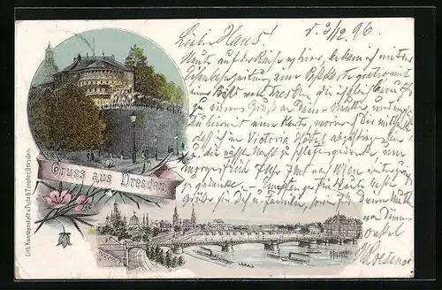 Lithographie Dresden, Belvedere, Elbe mit Carolabrücke
