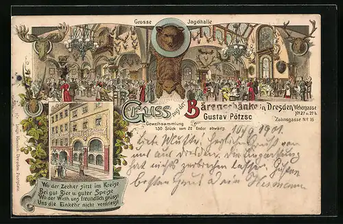 Lithographie Dresden, Gasthaus Bärenschänke, Webergasse 27 u. 27 b, Inneres Grosse Jagdhalle