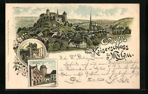 Lithographie Mylau, Kaiserschloss, Schlosshof, Oberer Hof Rathaus