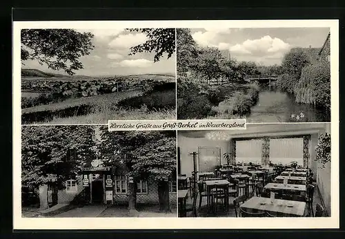 AK Gross-Berkel im Weserbergland, Gasthaus Unter den Linden, Innenansicht, Uferpartie