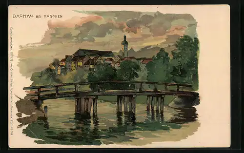 Künstler-AK Dachau bei München, Uferpartie mit Brücke