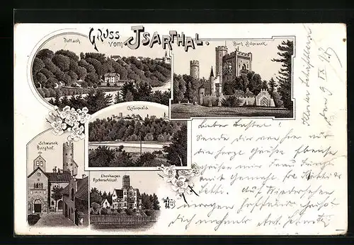 Lithographie Pullach im Isartal, Burg Schwanek, Burghof