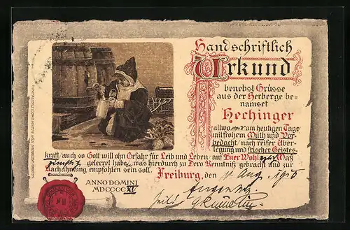 Künstler-AK Freiburg, Gasthaus Hechinger, Münchner Kindl zapft Bier