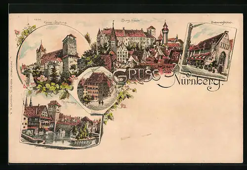 Lithographie Nürnberg, Gasthaus Bratwrustglöcklein, Kasier-Stallung, Henkersteg