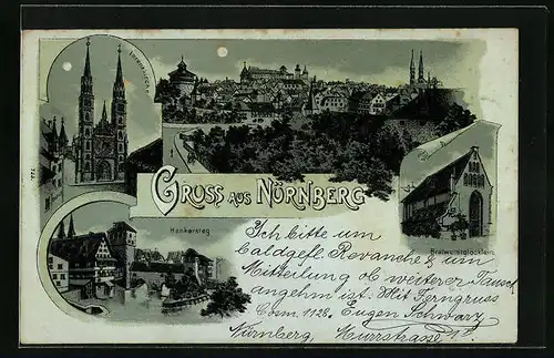 Mondschein-Lithographie Nürnberg, Gasthaus Bratwurstglöcklein, Lorenzkirche, Henkersteg