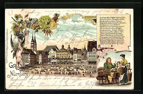 Lithographie Nürnberg, Marktplatz, Frau am Obststand