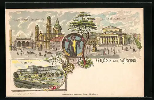 Lithographie München, Hof- u. Nationaltheater, Glaspalast, Theatinerkirche und Feldherrnhalle