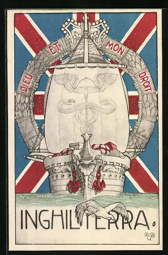 Künstler-AK Inghilterra - Wikingerschiff vor britischer Fahne
